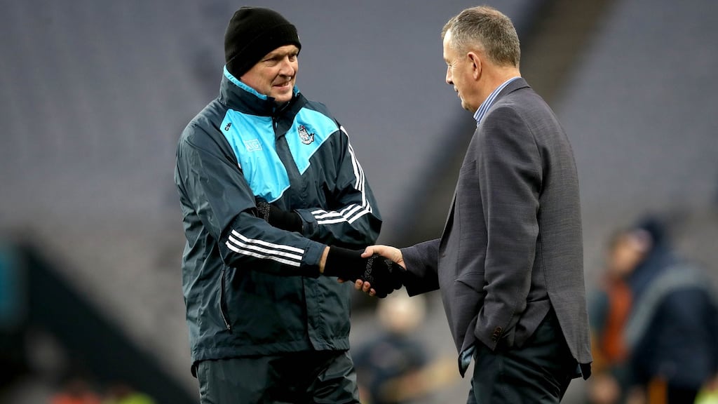 Dublin county chairman Seán Shanley has denied that Pat Gilroy (left) has been given first refusal to take over the Dublin football job after Jim Gavin’s stepping down. Photograph: Ryan Byrne/Inpho