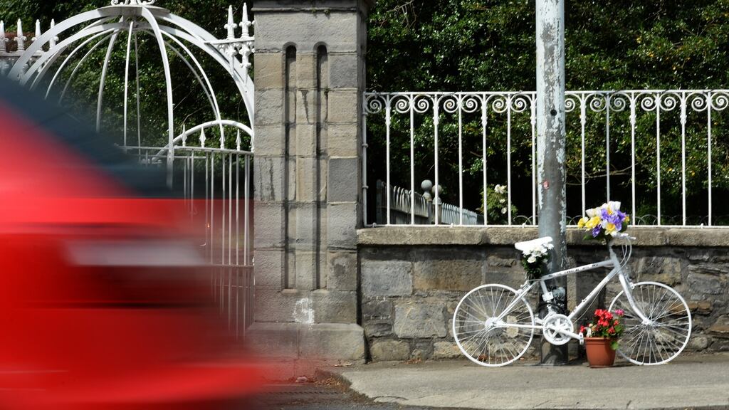 A Ghost Bike, locked to a pole on Conyngham Road, Dublin, in memory of cyclist Daragh Ryan. Photograph: Dara Mac Donaill / The Irish Times