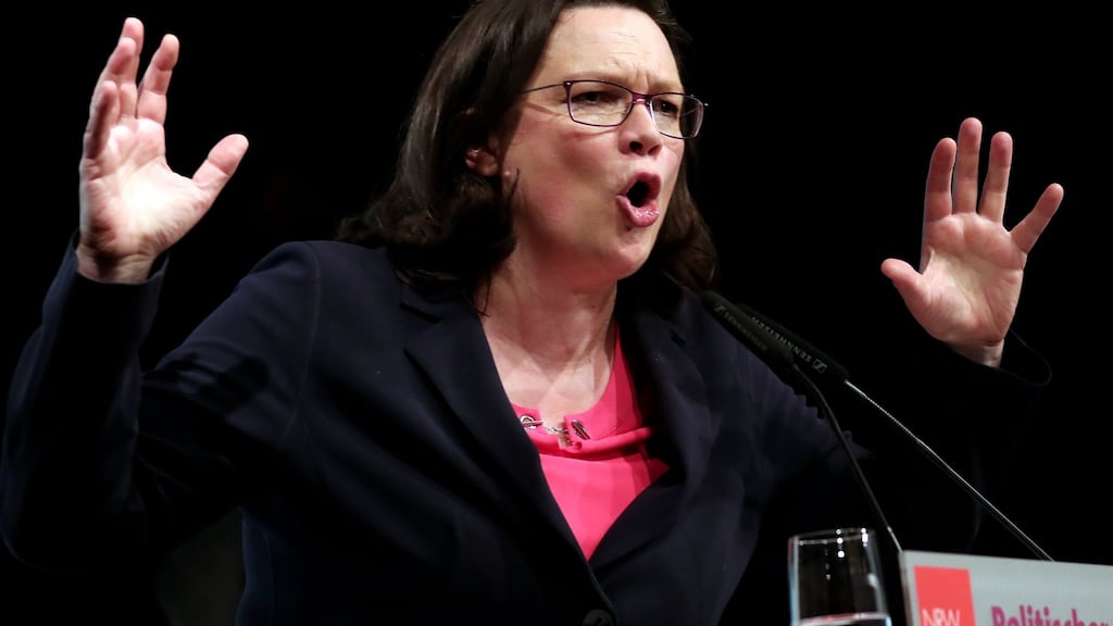 Andrea Nahles, parliamentary group leader of the Social Democratic Party (SPD): is hoping to be the party’s first woman leader, but has stood aside as acting chairperson until the formal vote. Photograph: Friedemann Vogel