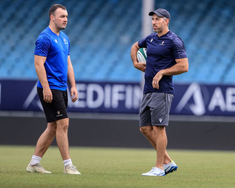Samoa's performance analyst Brian Colclough and assistant coach Andrew Goodman. This is arguably Samoa’s strongest team since their 40-25 win over Ireland in the first game under floodlights at the old Lansdowne Road in 1996. Photograph: Dan Sheridan/Inpho