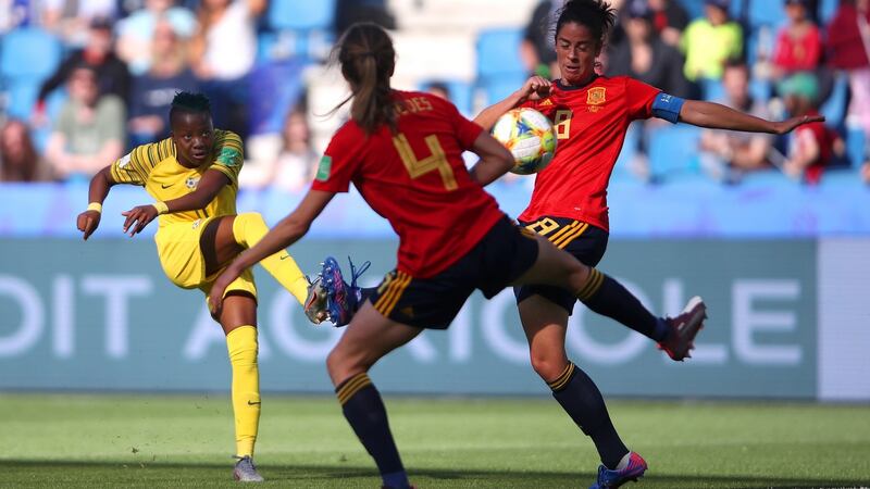 Thembi Kgatlana of South Africa scores  during the  World Cup game against Spain   at Stade Oceane  in Le Havre, France. Photograph:  Alex Grimm/Getty Images