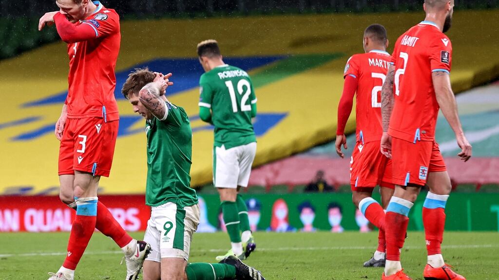 Ireland’s James Collins reacts after missing a chance in the second half of Ireland’s defeat to Luxembourg. Photo: Tommy Dickson/Inpho