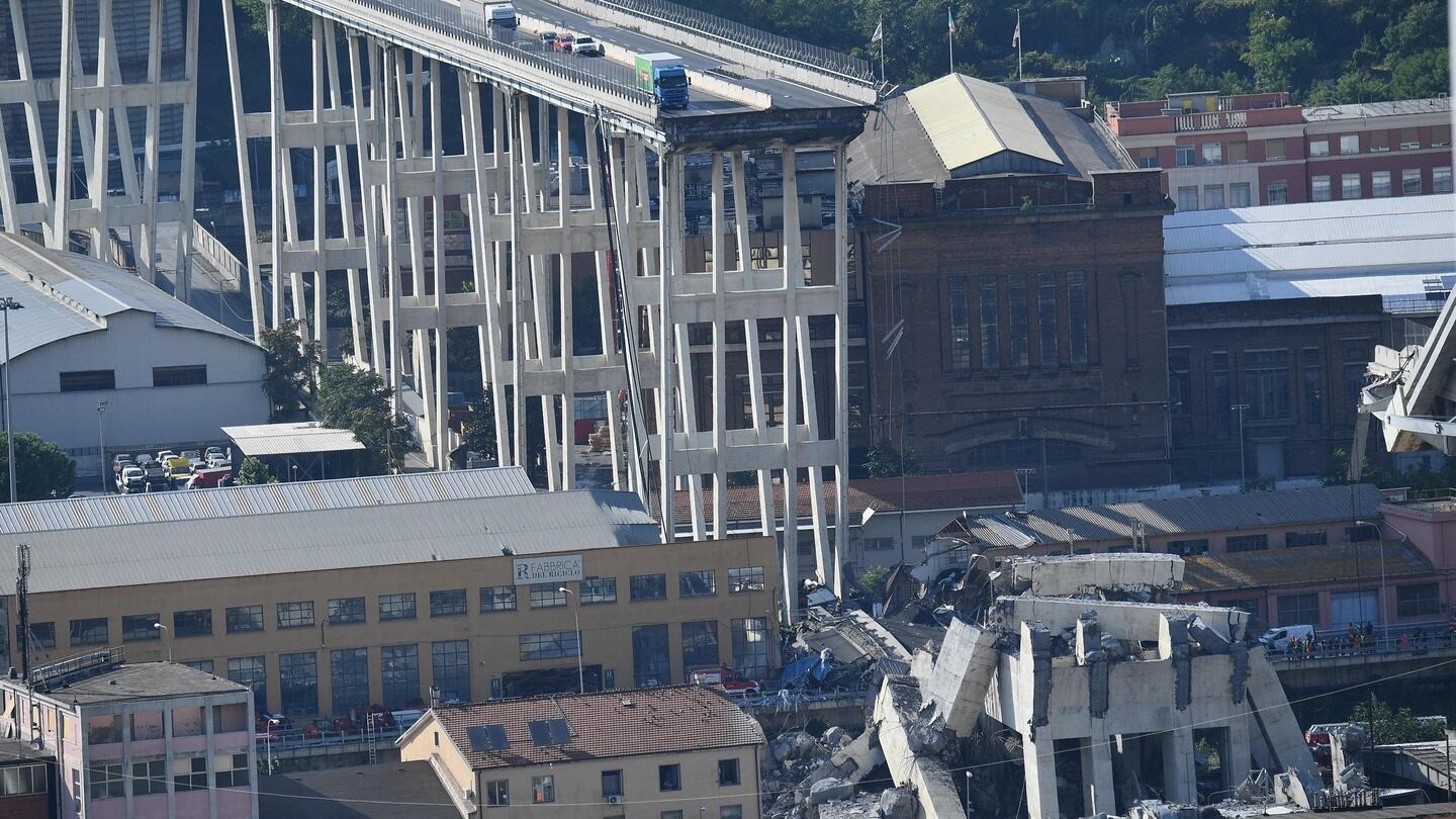 A view of a collapsed section of a bridge in Genoa, Italy. Photograph: Luca Zennaro/EPA