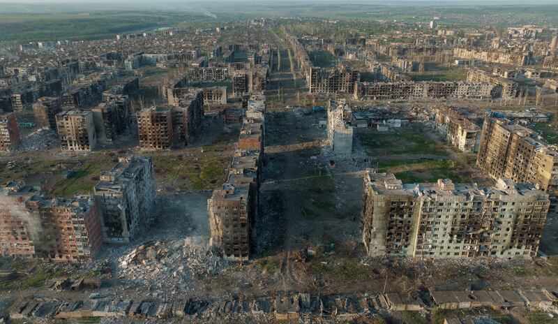 An aerial drone image of the destruction in Bakhmut, Ukraine. Photograph: Tyler Hicks/The New York Times