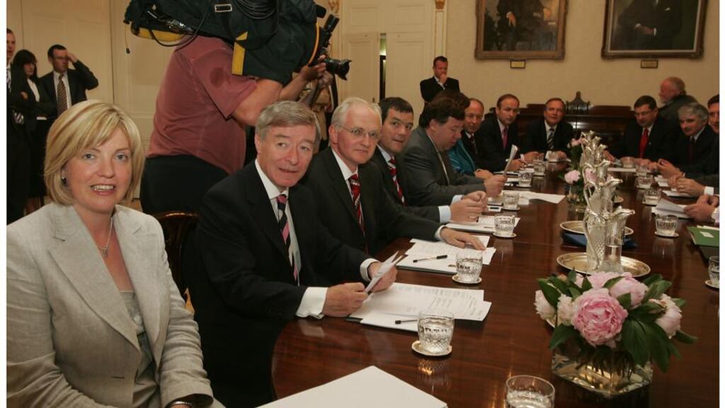 Members of the Fianna Fáil and Green Party coalition at their  first cabinet meeting at Áras An Uachtaráin in June, 2007. The banking inquiry will not be allowed to examine the deliberations of their cabinet meeting on September 30th, 2008, that led to the bank guarantee. Photograph: Alan Betson/The Irish Times.