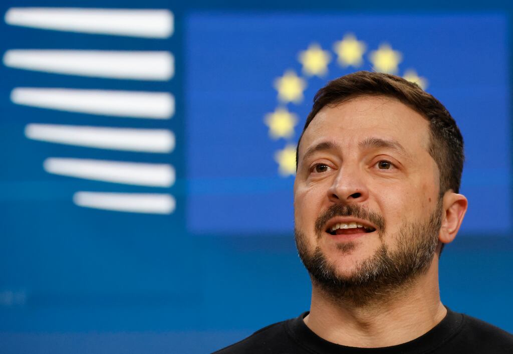 Ukraine president Volodymyr Zelenskiy gives a press conference on the sidelines of the EU summit in Brussels on Thursday. Photograph: Ludovic Marin/AFP via Getty Images