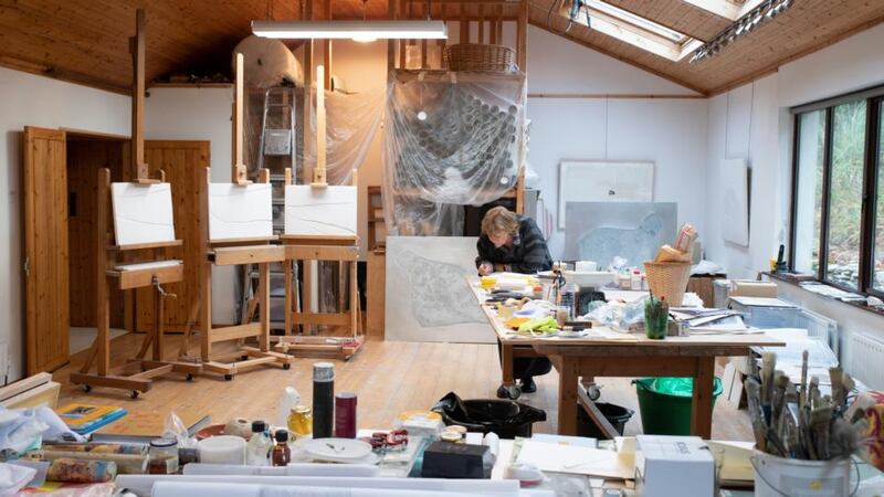 Maria Symonds-Gooding at work in her studio in Dunquin: a member of Aosdána, she was born in Quetta, before partition, when it was in India.