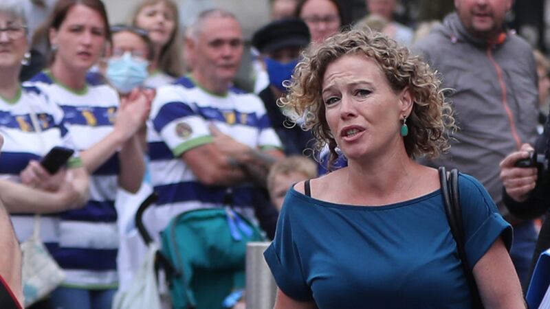 Noah Donohoe’s mother Fiona arrives at Laganside Courts in Belfast for a pre-inquest review hearing for the 14-year-old schoolboy, who was found dead in a storm drain in north Belfast in June 2020. Photograph: Niall Carson/PA Wire