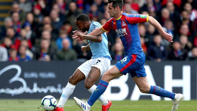 Manchester City’s Raheem Sterling scores his side’s first goal of the game against Crystal Palace. Photograph: Steven Paston/PA