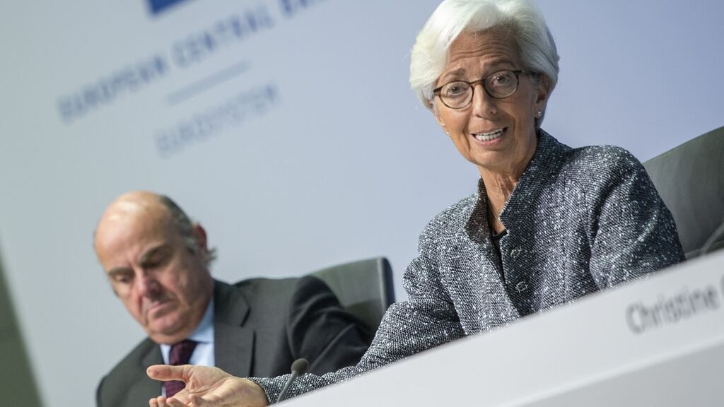 President of the European Central Bank Christine Lagarde with its vice-president Luis de Guindos: the timidity and suspicion of policy during the euro area crisis must be avoided. Photograph: Thomas Lohnes/Getty