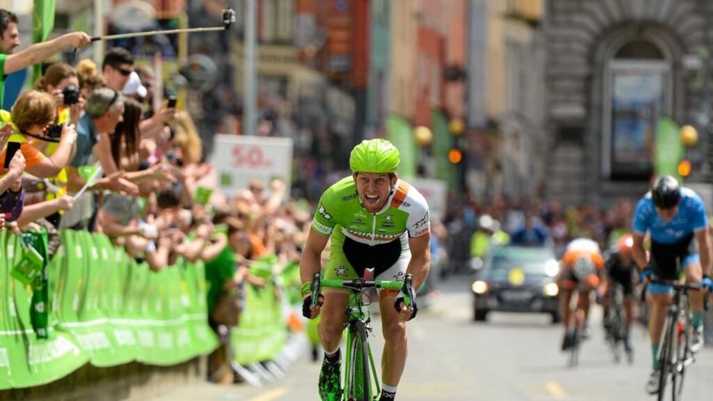 Andreas Mueller of Hrinkow Advarics Cycleangteam crosses the line to win Stage 7 of the 2015 An Post Rás from Ballinamore to Drogheda. Photo: Paul Mohan/Sportsfile