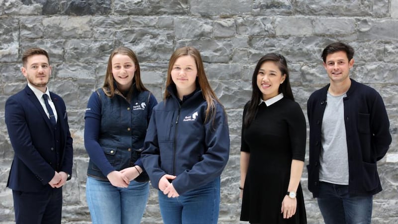 Entrepreneurs (from left) - Brian McGovern of Urbo, Kate and Annie Madden co-founders of Fenuhealth, Lindsey Nguyen, co-founder of SwiftComply along with Michael Dwyer (absent); and Jack Kirwan of Sprout: Alan Betson/ The Irish Times