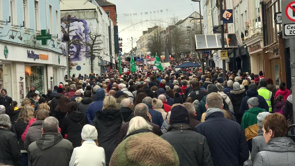 Up to 10,000 people marched in Waterford city earlier today calling for a 24/7 cardiology service at University Hospital Waterford (UHW).