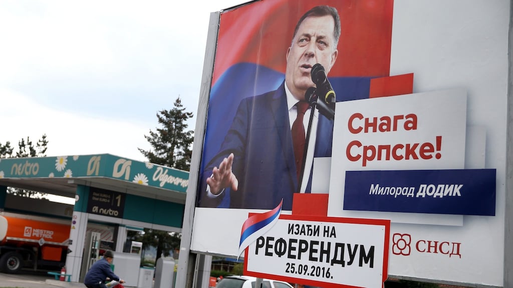 Milorad Dodik, president of Republika Srpska, pictured on an election poster calling for votes for a referendum on their statehood day this Sunday, in Prnjavor, Bosnia and Herzegovina. Photograph: Dado Ruvic/Reuters