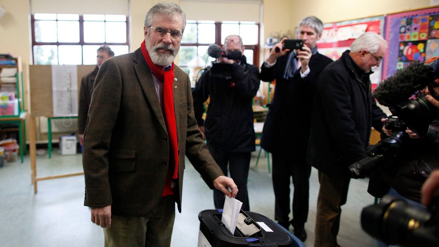 Sinn Féin leader Gerry Adams casts his vote during the 2016 General Election Dulargy National School in Ravensdale, Co Louth. Photograph: PA