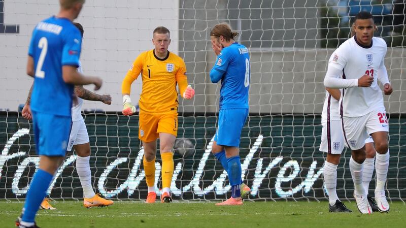 Birkir Bjarnason misses a late penalty for Iceland against England. Photograph: Haflidi Breidfjord/Getty