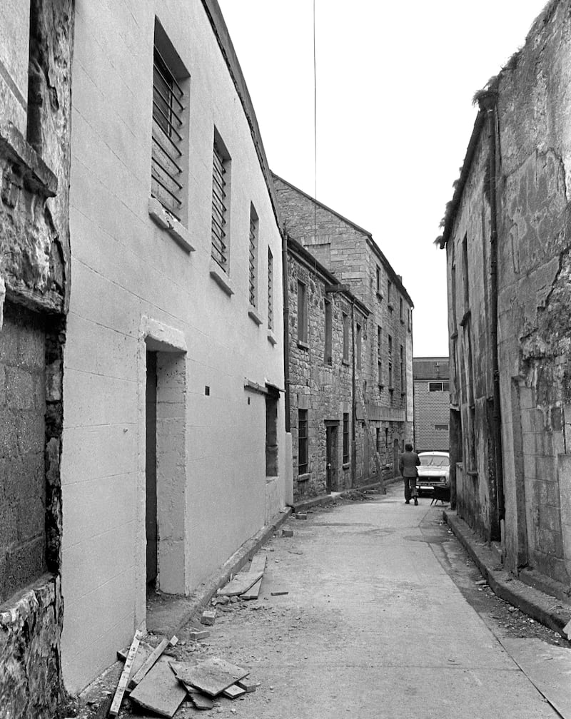 The former McDonogh Milling and Trading Company building at Chapel Lane (later Druid Lane) in 1979 as Druid Theatre was renovating for its opening