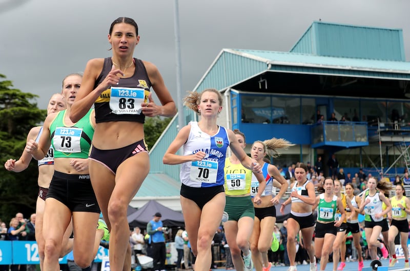 Sophie O'Sullivan of Ballymore AC leads the field during the 1500m which she won at the 123.ie National Senior Track and Field Championships, Morton Stadium. Photograph: Bryan Keane/Inpho