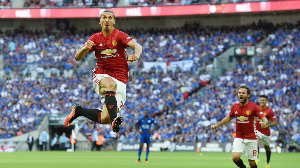 Manchester Utd’s Zlatan Ibrahimovic celebrates after scoring against Leicester during the FA Community Shield between Manchester United and Leicester City at Wembley Stadium. Photo: Andy Rain/PA