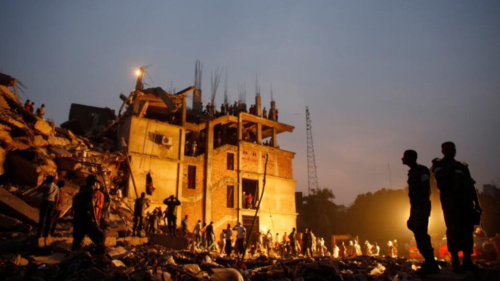 The collapsed Rana Plaza building in Savar outside Dhaka, in which more than 1,100 people died on April 24th. Photograph: Andrew Biraj/Reuters