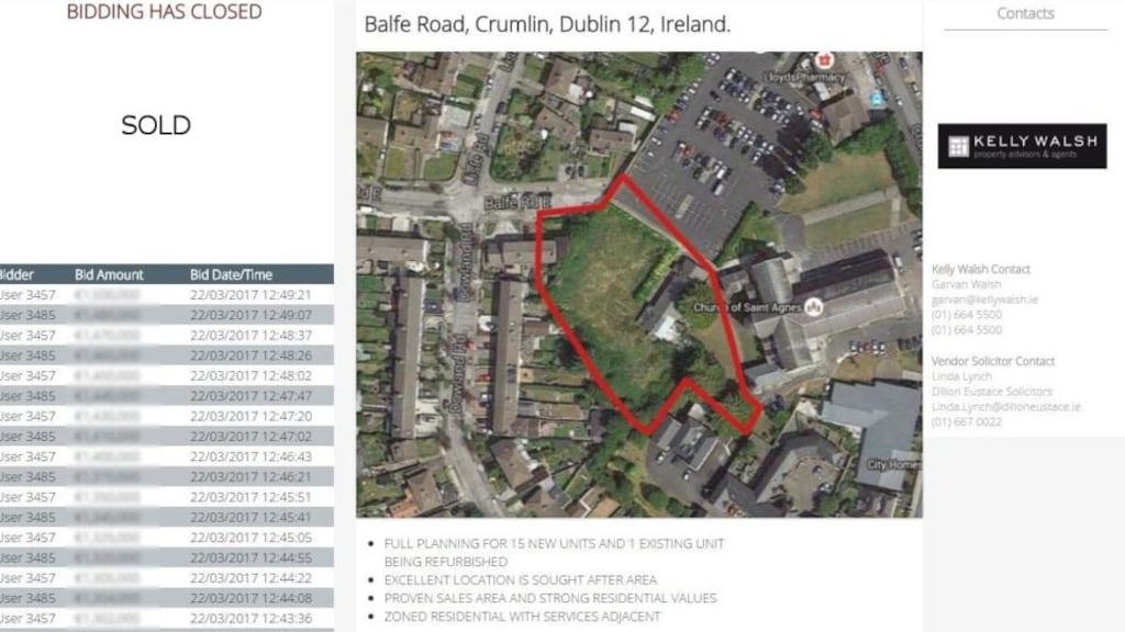 The development site on Balfe Road in Crumlin sold via BidX1 for 15 per cent above a previously agreed sale price