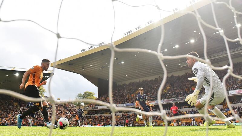 Matt Doherty opens the scoring for Wolves the Premier League match against Watford at Molineux. Photograph: Nathan Stirk/Getty Images