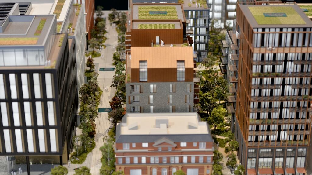 A model of the proposed development of Dublin Landings by Ballymore, which is located on Dublin’s North Wall Quay.