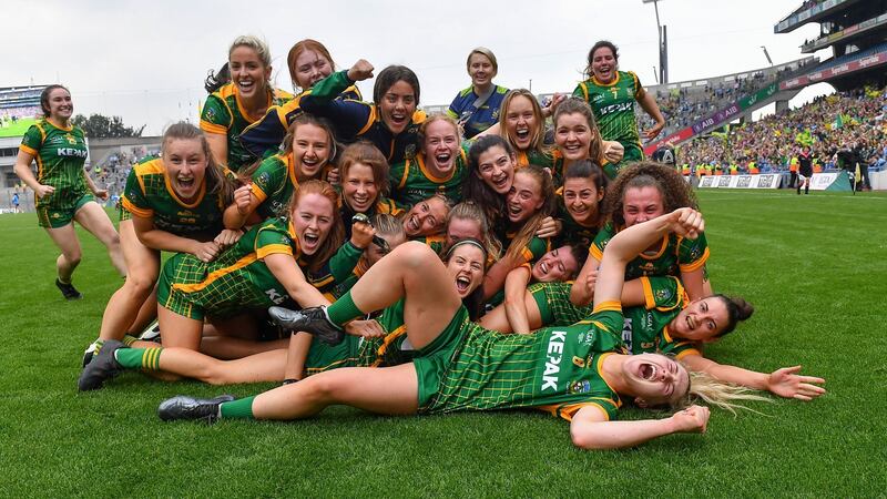 Meath players celebrate after their side’s victory in the TG4 All-Ireland Ladies Senior Football Championship Final match between Dublin and Meath at Croke Park in Dublin. Photograph: Piaras Ó Mídheach/Sportsfile