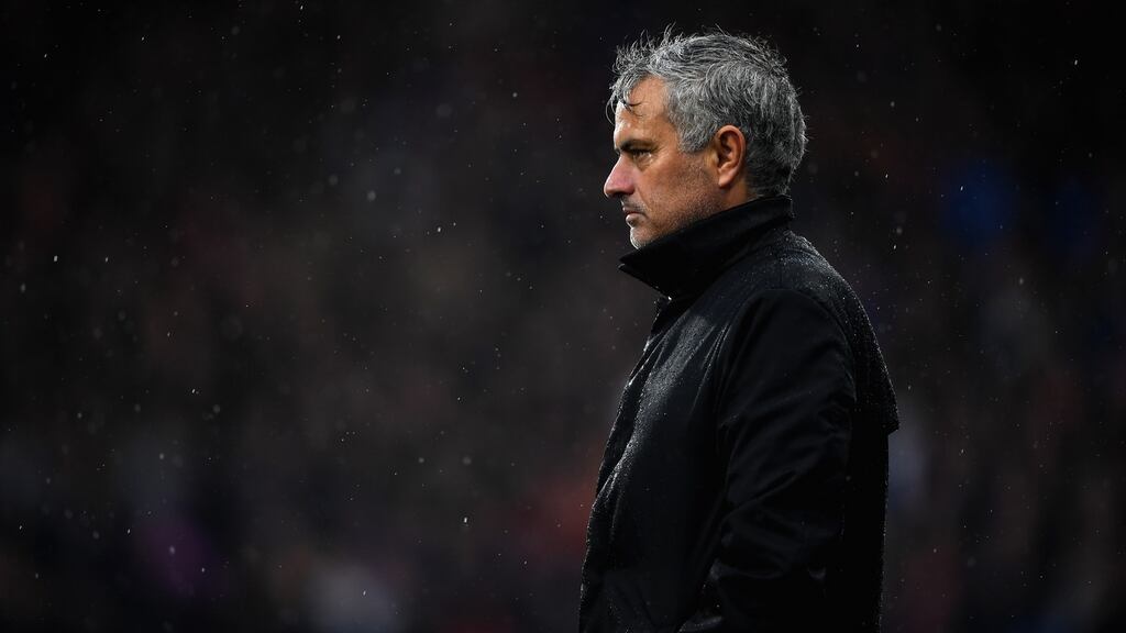 Jose Mourinho, manager of Manchester United looks on during his team’s defeat at John Smith’s Stadium. Photograph: Gareth Copley/Getty Images