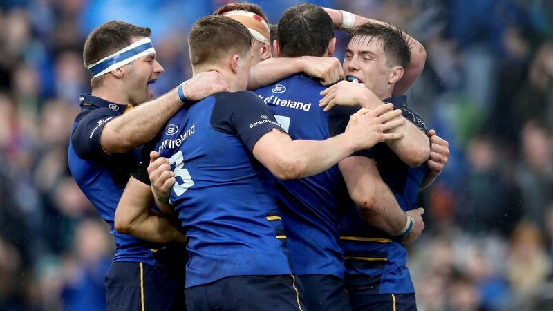 Leinster celebrate after Robbie Henshaw scores their third try of the game against Wasps in Saturday’s European Rugby Champions Cup quarter-final at the Aviva Stadium, Dublin. Photograph: Ryan Byrne/Inpho
