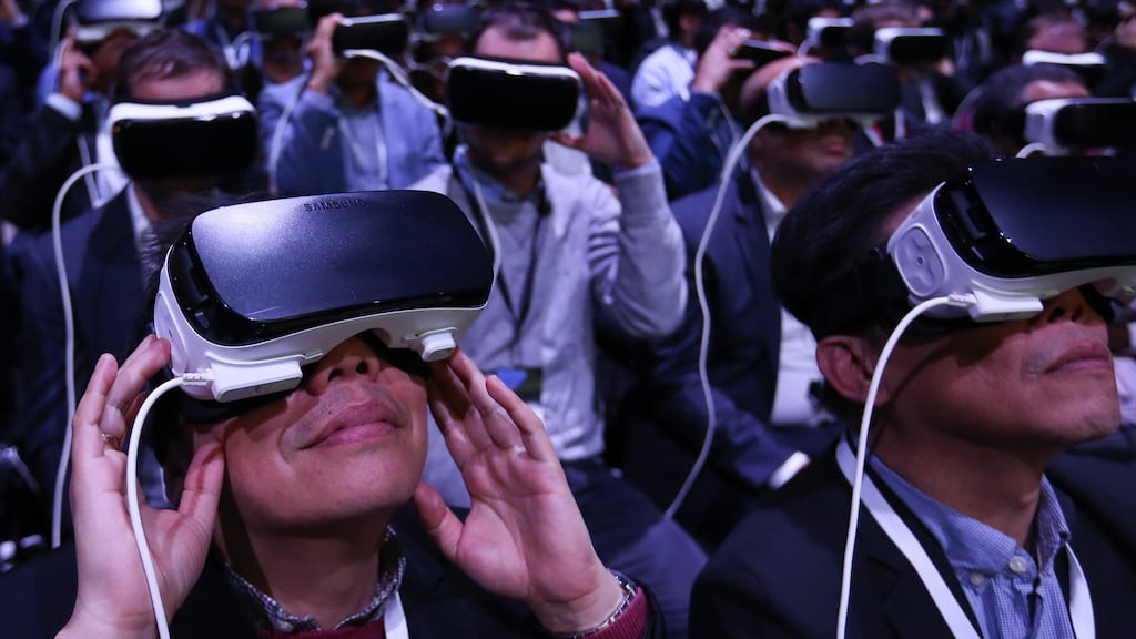Testing the Gear VR (virtual reality) headsets, manufactured by Samsung Electronics. Photograph: Chris Ratcliffe/Bloomberg