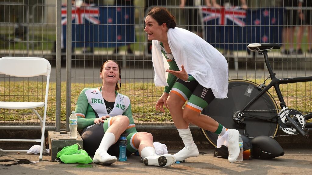 Katie-George Dunlevy of Ireland, right, and her pilot Eve McCrystal, react as they are informed that they have won gold in the women’s B time trial at the Paralympic Games in Rio de Janeiro. Photograph: Diarmuid Greene/Sportsfile
