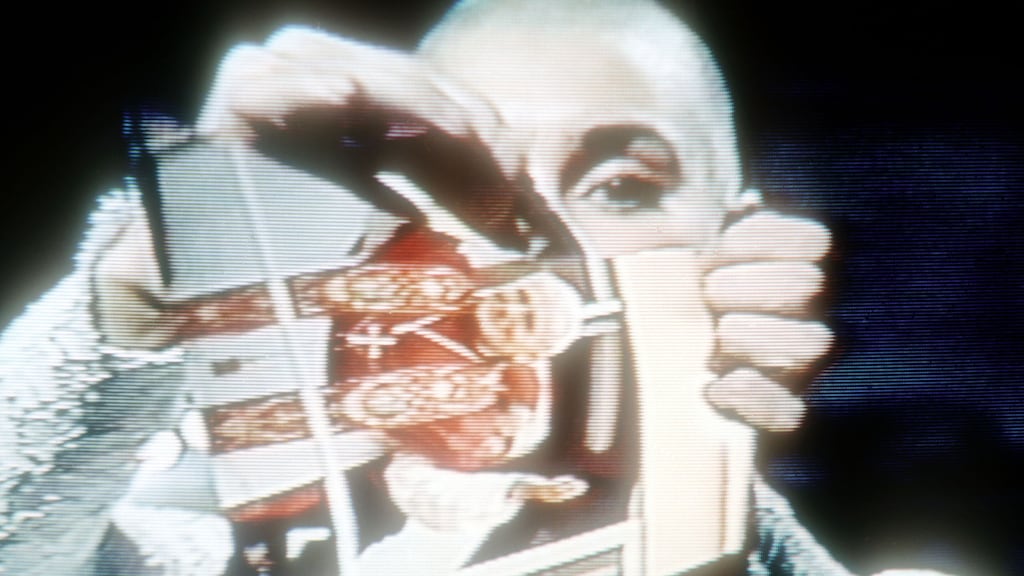 Sinead O’Connor rips up a picture of Pope John Paul II on Saturday Night Live in 1992. Photograph: Yvonne Hemsey/Getty