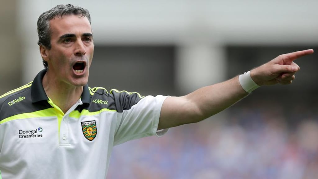 Donegal manager Jim McGuinness calling the shots during yesterday’s All-Ireland senior football semi-final against Dublin at Croke Park. Photo: Morgan Treacy/Inpho