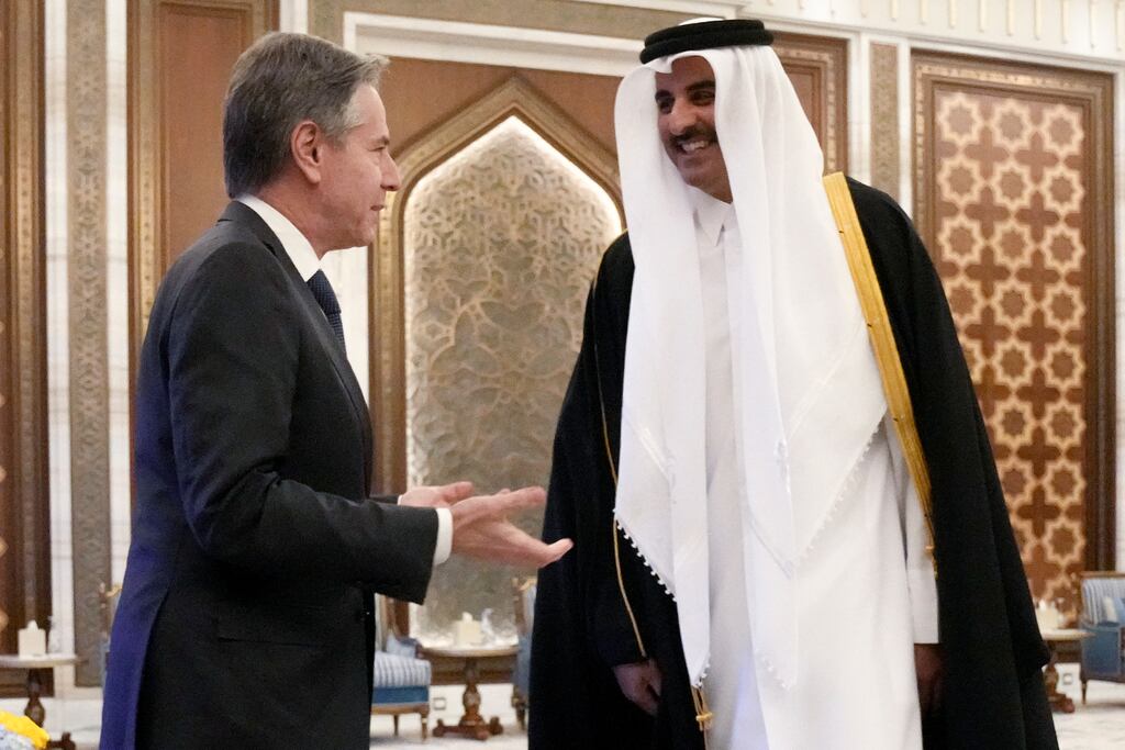 US secretary of state Antony Blinken, left, meets Qatar's prime minister, Sheikh Mohammed bin Abdulrahman Al Thani, at Lusail Palace, in Doha. Photograph: Mark Schiefelbein/POOL/AFP via Getty Images