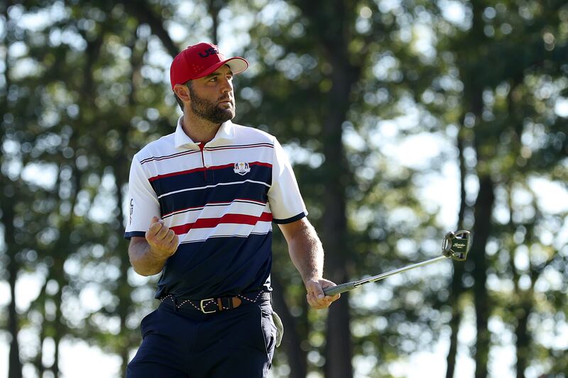 Scottie Scheffler on the 15th green during his singles match against Rory McIlroy. Photograph: Richard Heathcote/Getty Images