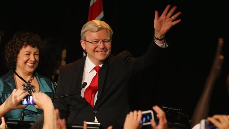 Outgoing Australian prime minister Kevin Rudd wife his wife Therese acknowledge supporters after conceding defeat in the election today. Photograph: Chris Hyde/Getty Images