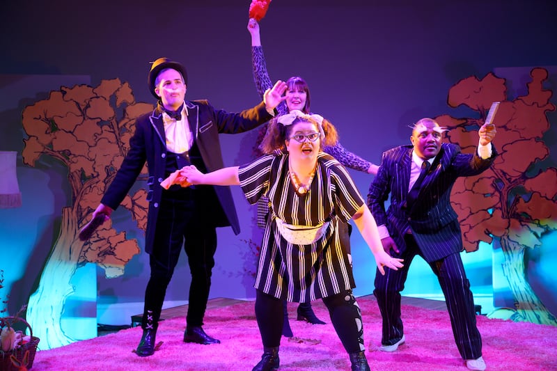 Thomas Bennett as The Grand Duke, Erin Fflur as Second Lady, Grace Maria Wain First Lady and Monwabisi Lindi as Lord Chamberlan in
The Spectre Knight. Photograph: Pádraig Grant