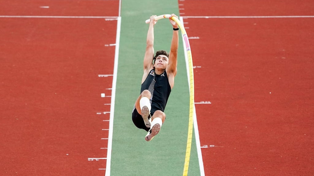 Armand Duplantis of Sweden competes in the men’s pole vault during the Diamond League Impossible Games at Bislett Stadium in Oslo, June 11th. Photograph: Epa/Cornelius Poppe
