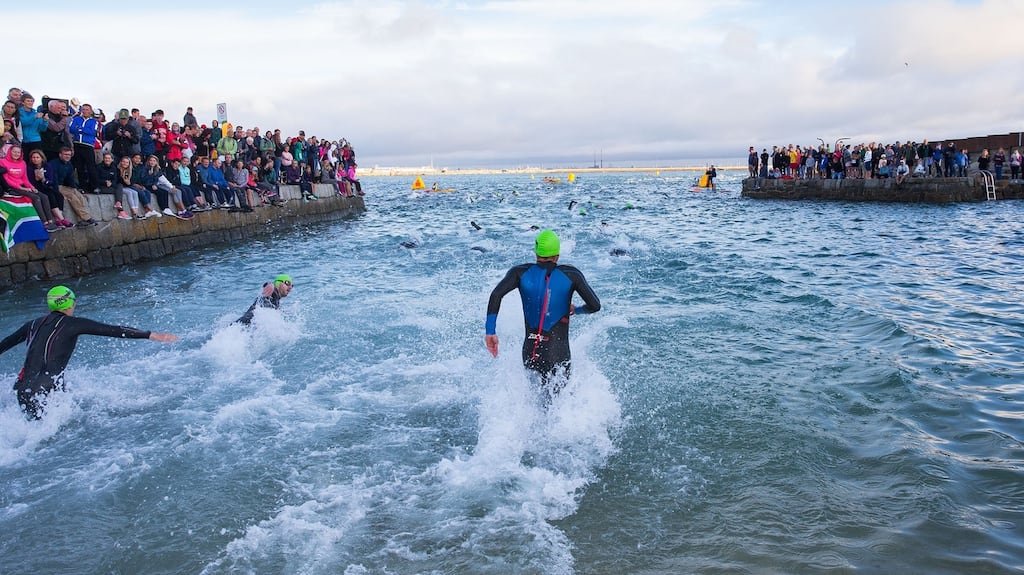 Competitors  start the Ironman challenge In Scotsman’s Bay in Dun Laoghaire last week. Photograph: Peter Cavanagh