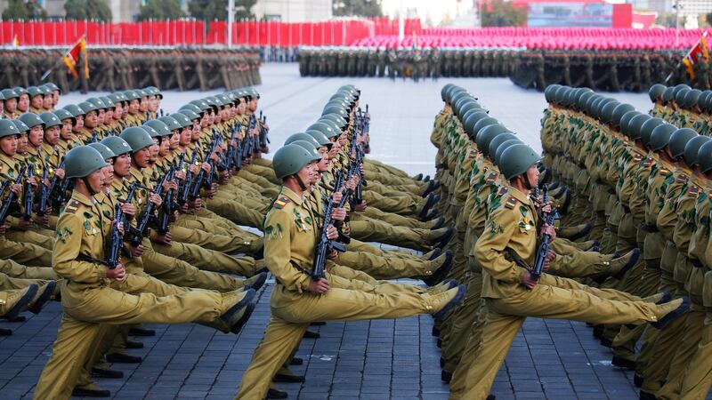 North Korean leader Kim Jong Un declared that his country was ready to stand up to any threat posed by the United States as he spoke at the lavish military parade. Photograph: Wong Maye-E/AP