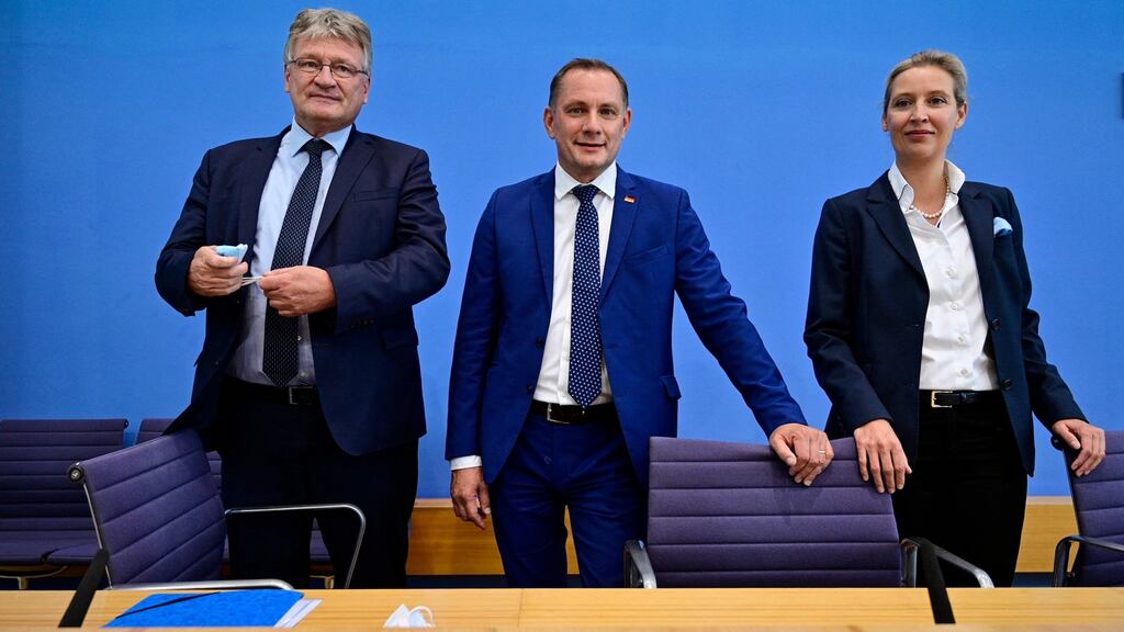 From right to left; parliamentary group co-leader and top candidate of Germany’s Alternative for Germany (AfD) party Alice Weidel and party co-leaders Tino Chrupalla and Joerg Meuthen pose upon arrival for a press conference in Berlin on September 27th, 2021. Photograph: John MacDougall/Pool/AFP via Getty