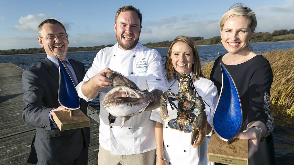 Jim O’Toole, chief executive of Bord Iascaigh Mhara, and food writer and entrepreneur Domini Kemp (right) with winners Scott Smullen and Anne Stephens. Photograph: Paul Sherwood