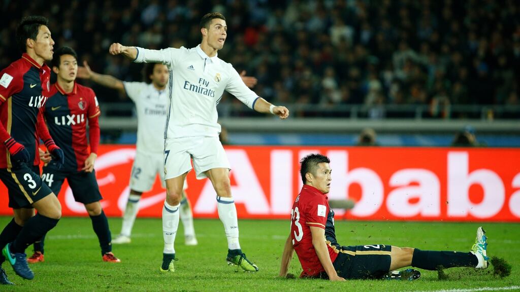 Cristiano Ronaldo completes his hat-trick in extra time in Real Madrid’s victory over Kashima Antlers in the Fifa Club World Cup Final at the International Stadium in Yokohama. Photograph: Toru Hanai/Reuters/Livepic