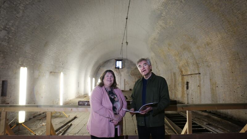 Margaret Gormley, chief park superintendent with the Office Of Public Works, and Denis Byrne, architect, in one of the three large magazine stores formerly used to hold ammunition in the Magazine Fort, Phoenix Park. Photograph: Bryan O’Brien