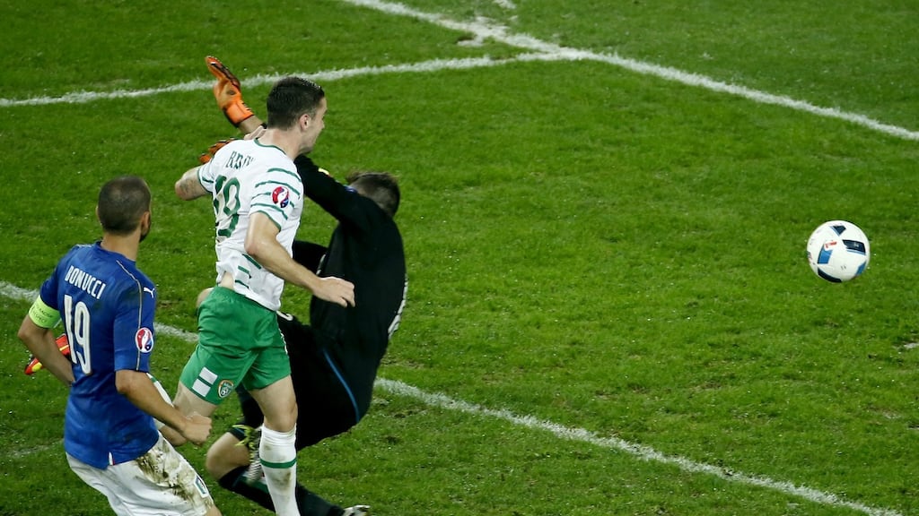 Robbie Brady scores the winning goal. Photo: EPA
