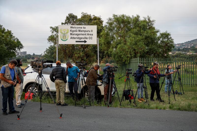 Journalists set up at the entrance of the Atteridgeville Correctional Centre in Pretoria ahead of the release of Oscar Pistorius. Photograph: PHILL MAGAKOE/AFP via Getty Images