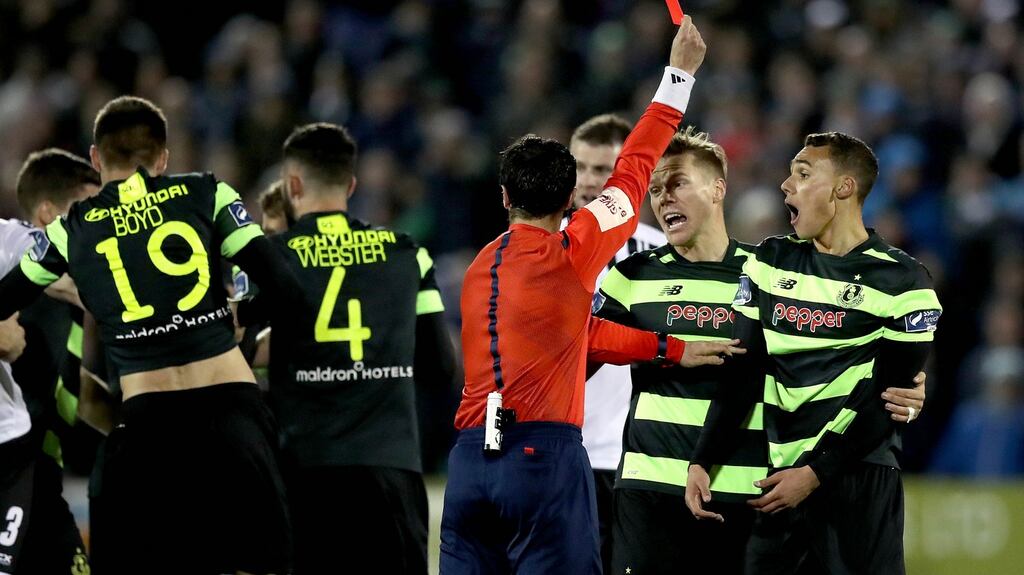 Shamrock Rovers’ Graham Burke is shown a straight red card by Referee Neil Doyle during a Premier Division game against Dundalk. Photograph: Ryan Byrne/Inpho
