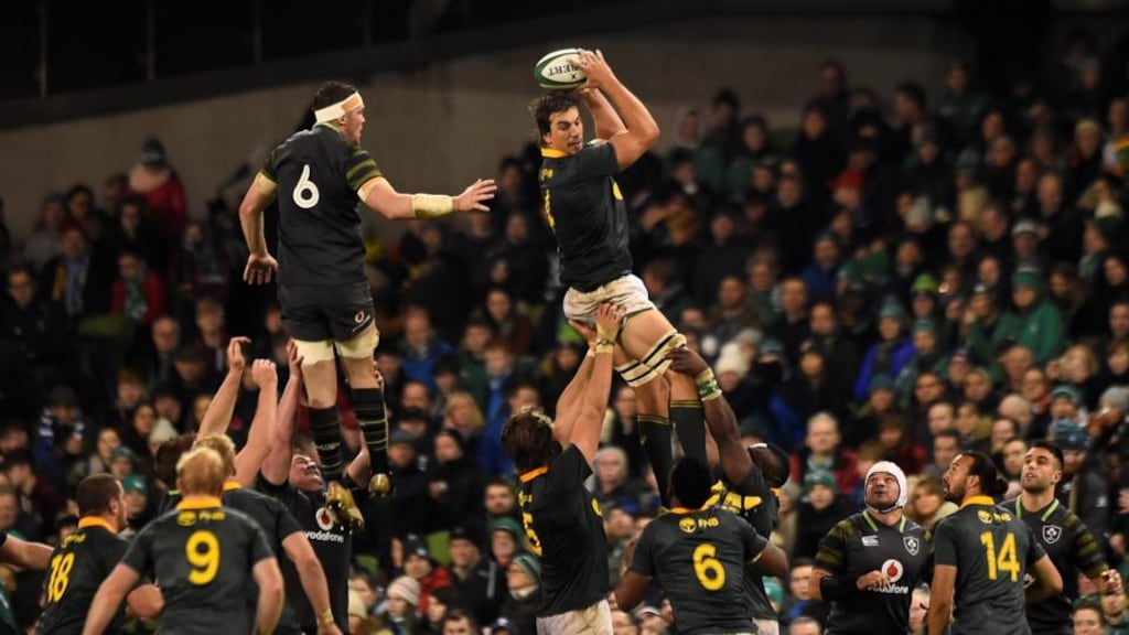 South Africa’s Eben Etzebeth wins a lineout ahead of Ireland’s Peter O’Mahony during the autumn international at the Aviva Stadium. Photograph: Clodagh Kilcoyne/Reuters