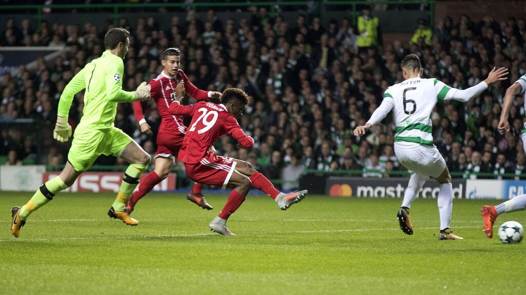 Kingsley Coman of Bayern Munich scores at Celtic Park. Photograph: Steve Welsh/Getty Images